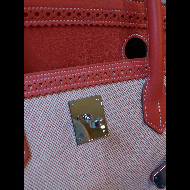 Hermes 銀釦鮭魚粉雕花皮邊布身柏金包 birkin 40-34