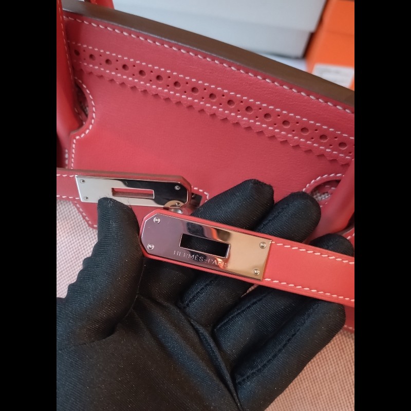 Hermes 銀釦鮭魚粉雕花皮邊布身柏金包 birkin 40-35