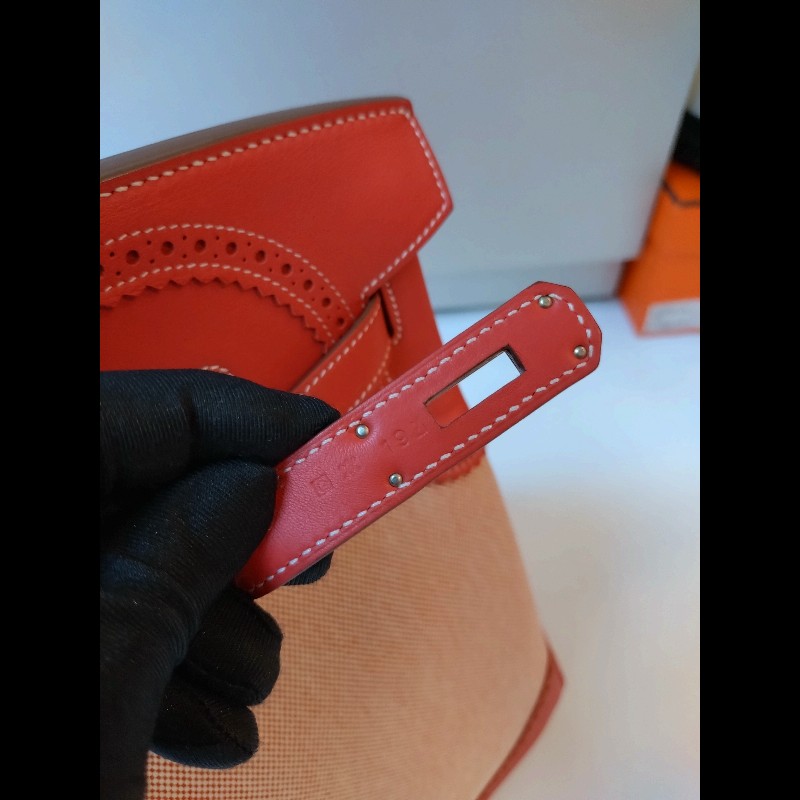 Hermes 銀釦鮭魚粉雕花皮邊布身柏金包 birkin 40-36