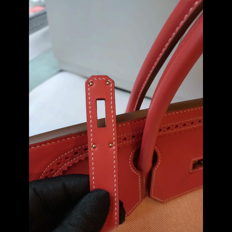Hermes 銀釦鮭魚粉雕花皮邊布身柏金包 birkin 40-37