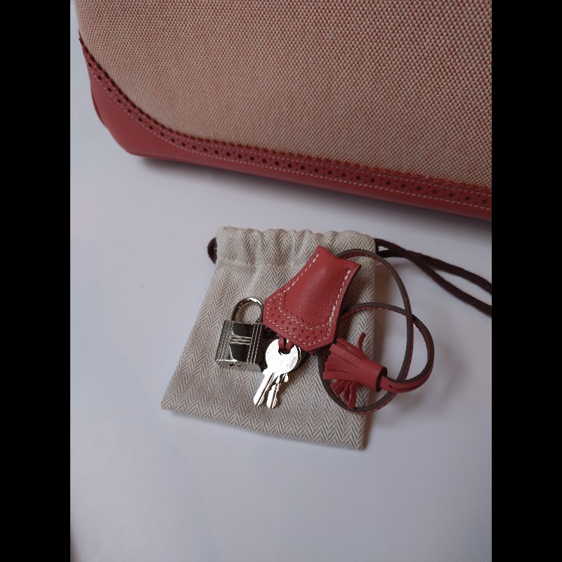 Hermes 銀釦鮭魚粉雕花皮邊布身柏金包 birkin 40-38