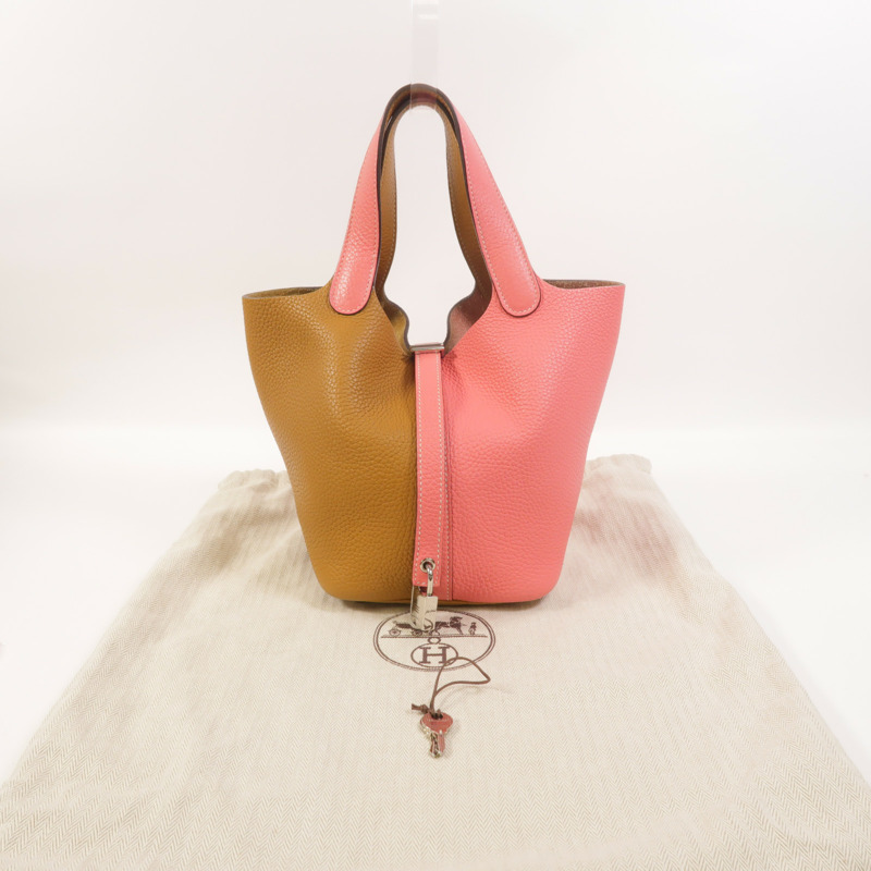 HERMES Clemence皮革Picotin PM手挽袋Rose Azalee/Sesame-8