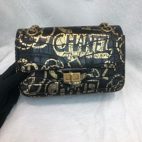 Chanel 2.55 20cm Black & Gold Graffiti 鱷魚紋 埃及系列 IA480