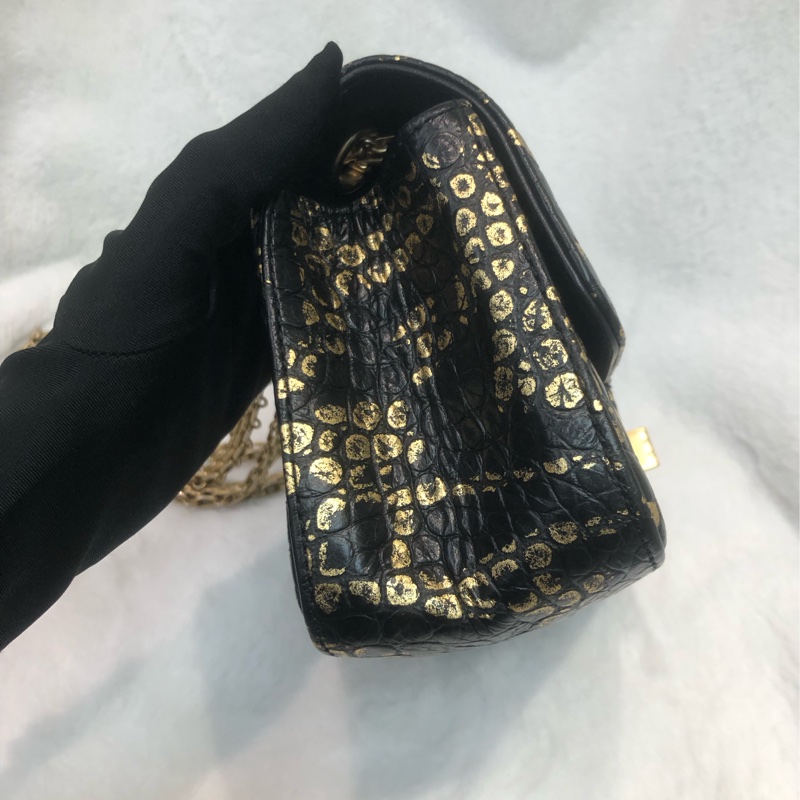 Chanel 2.55 20cm Black & Gold Graffiti 鱷魚紋 IA480-3