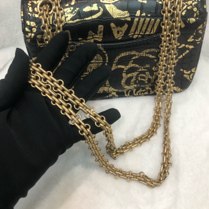 Chanel 2.55 20cm Black & Gold Graffiti 鱷魚紋 IA480-8