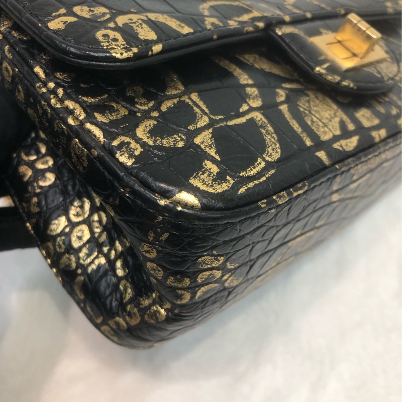 Chanel 2.55 20cm Black & Gold Graffiti 鱷魚紋 IA480-9