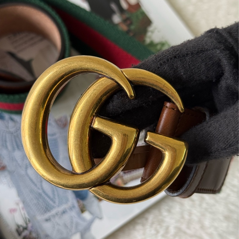 金色GG Logo 綠紅帆布及皮革寬4cm皮帶 75cm(綠紅)-1