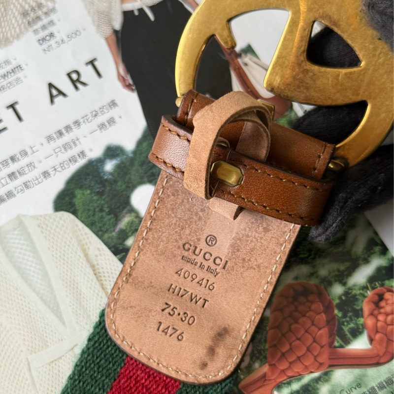 金色GG Logo 綠紅帆布及皮革寬4cm皮帶 75cm(綠紅)-7