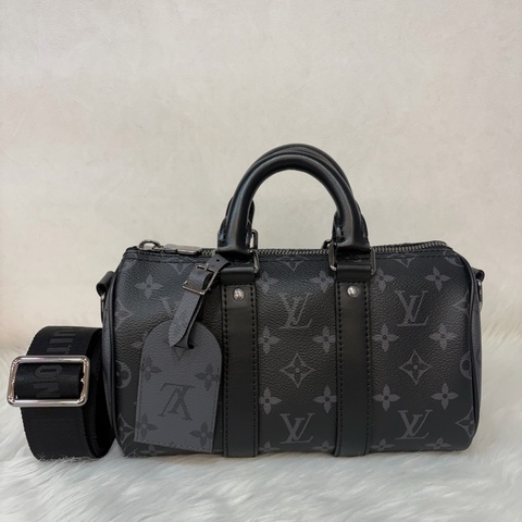 LV M46271 黑花 銀釦 手提包 斜背包 Keepall Bandoulière 25