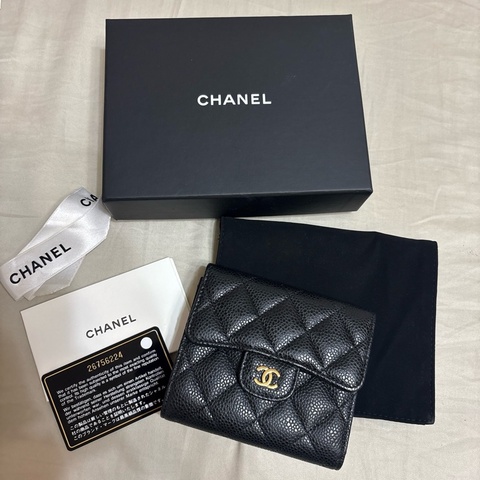 CHANEL 香奈兒 三折 荔枝皮短夾 黑色 金扣 經典菱格 皮夾 卡夾 零錢包