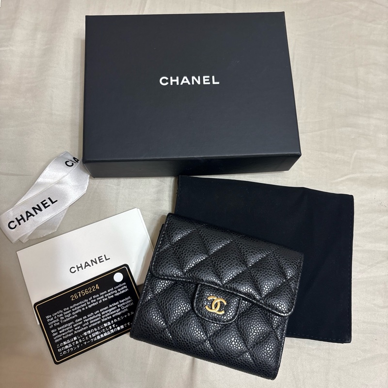 CHANEL 香奈兒 三折 荔枝皮短夾 黑色 金扣 經典菱格 皮夾 卡夾 零錢包-0