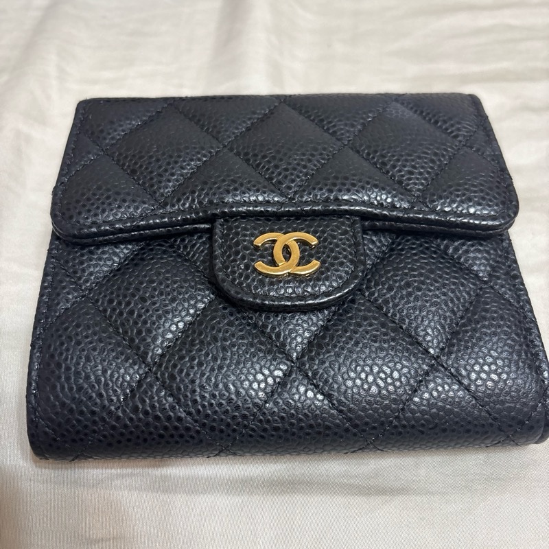 CHANEL 香奈兒 三折 荔枝皮短夾 黑色 金扣 經典菱格 皮夾 卡夾 零錢包-5