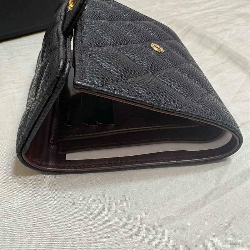 CHANEL 香奈兒 三折 荔枝皮短夾 黑色 金扣 經典菱格 皮夾 卡夾 零錢包-9