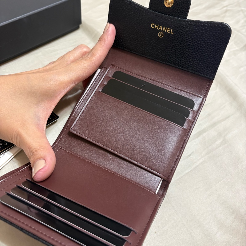 CHANEL 香奈兒 三折 荔枝皮短夾 黑色 金扣 經典菱格 皮夾 卡夾 零錢包-11