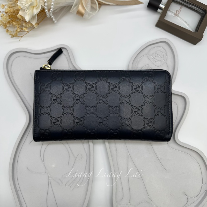 GUCCI 古馳 經典GG壓紋L型拉鍊深藍色長夾-1