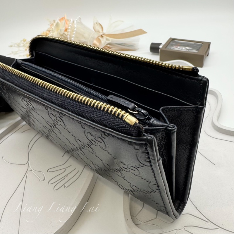 GUCCI 古馳 經典GG壓紋L型拉鍊深藍色長夾-4