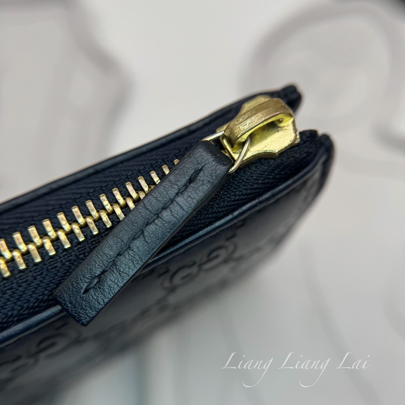 GUCCI 古馳 經典GG壓紋L型拉鍊深藍色長夾-14