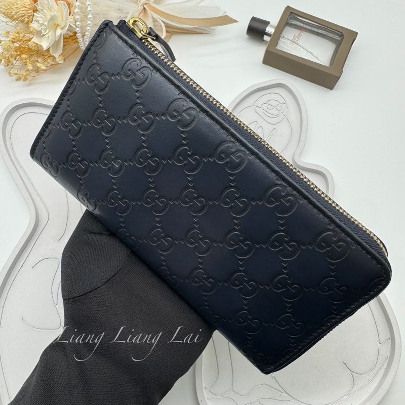 GUCCI 古馳 經典GG壓紋L型拉鍊深藍色長夾-15