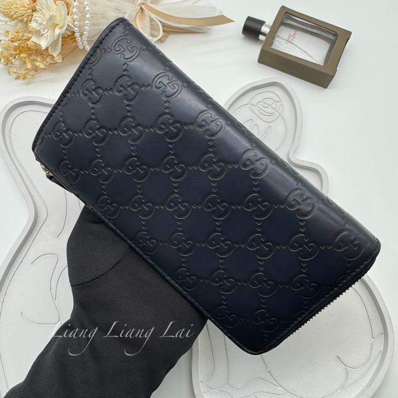 GUCCI 古馳 經典GG壓紋L型拉鍊深藍色長夾-16