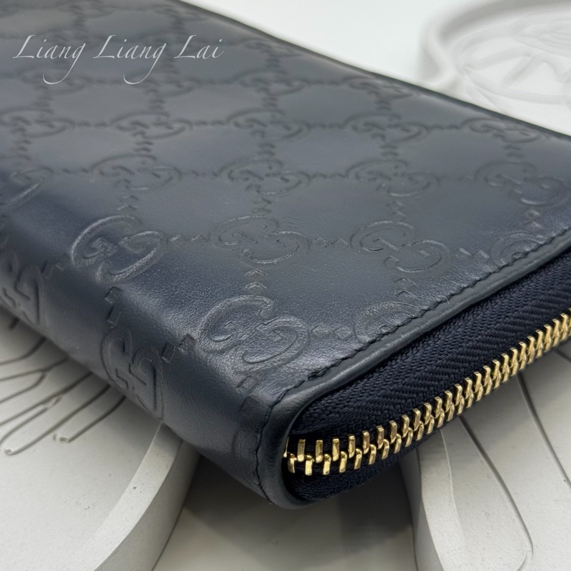 GUCCI 古馳 經典GG壓紋L型拉鍊深藍色長夾-21