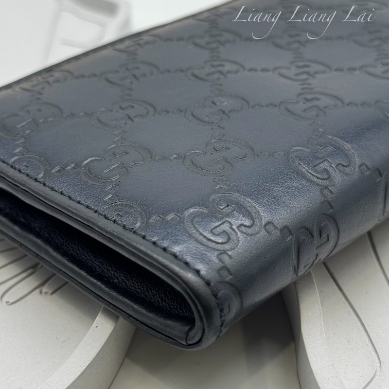 GUCCI 古馳 經典GG壓紋L型拉鍊深藍色長夾-23
