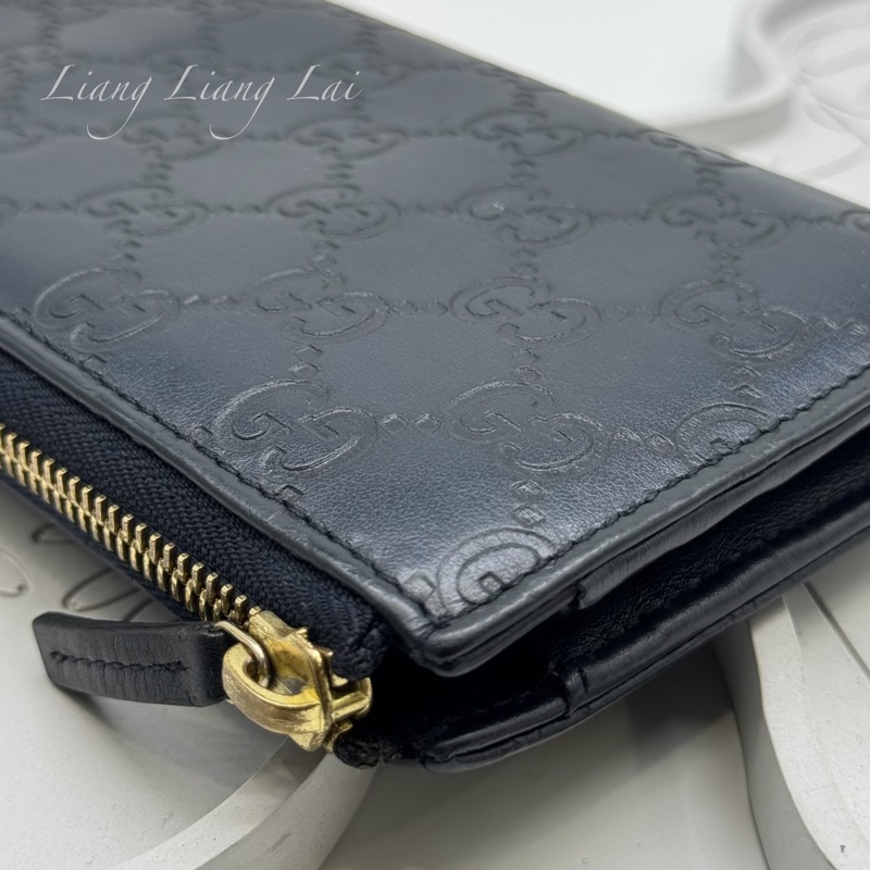 GUCCI 古馳 經典GG壓紋L型拉鍊深藍色長夾-24