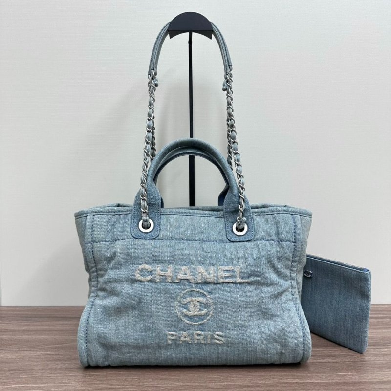 現貨誠可議CHANEL 牛仔銀釦子母手提肩背沙灘包 33*29*13 98新配件塵袋-1