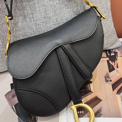 Dior迪奧saddle黑金荔枝紋小號馬鞍包