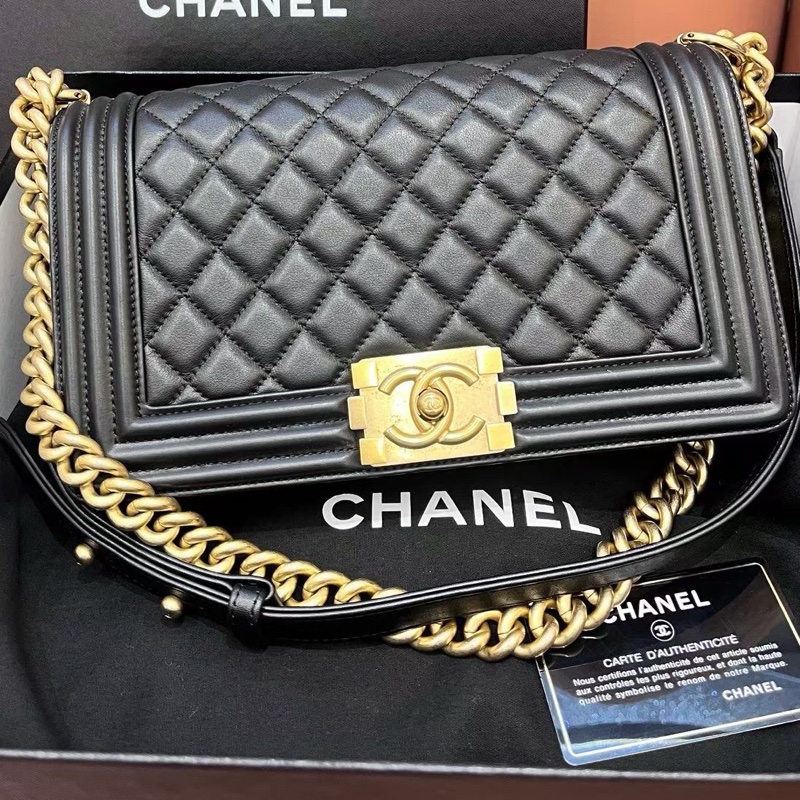 Chanel香奈兒黑金牛皮Leboy中號 26開有卡-0