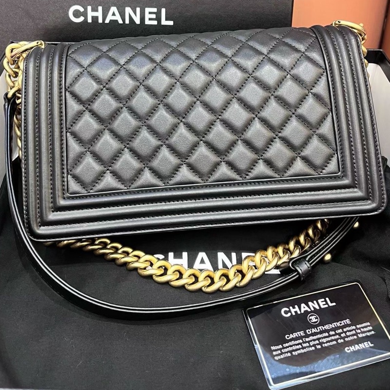 Chanel香奈兒黑金牛皮Leboy中號 26開有卡-1