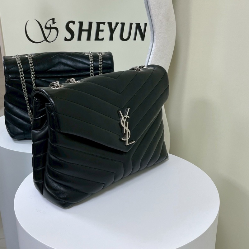 清冷高級感🦢實用百搭💯Ysl聖羅蘭黑銀大號loulou鏈條斜紋單肩斜挎包-8