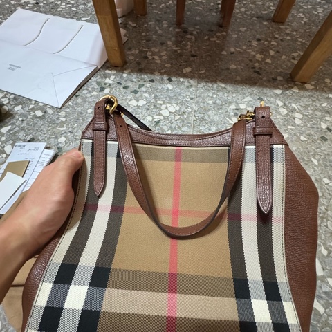 BURBERRY 巴寶莉 Canterby 經典格紋拼接皮革手提肩背包(深卡其x駝)