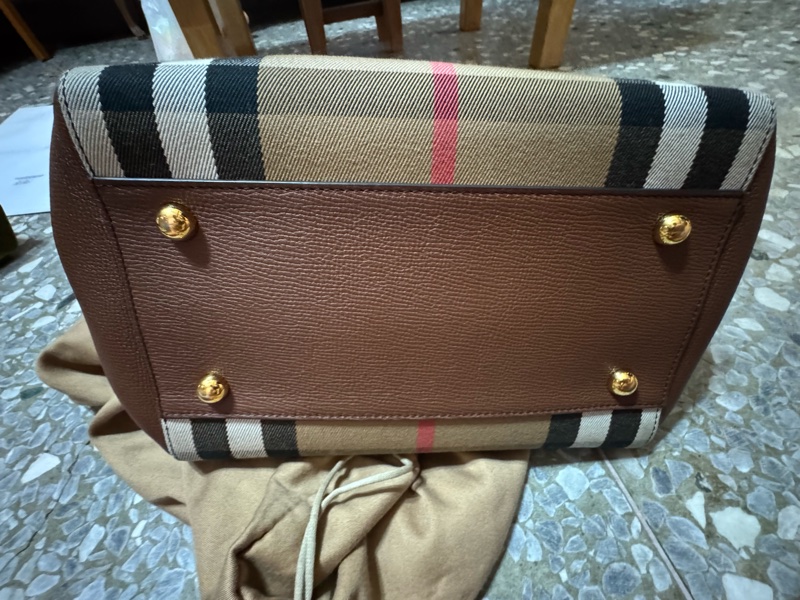 BURBERRY 巴寶莉 Canterby 經典格紋拼接皮革手提肩背包(深卡其x駝)-4