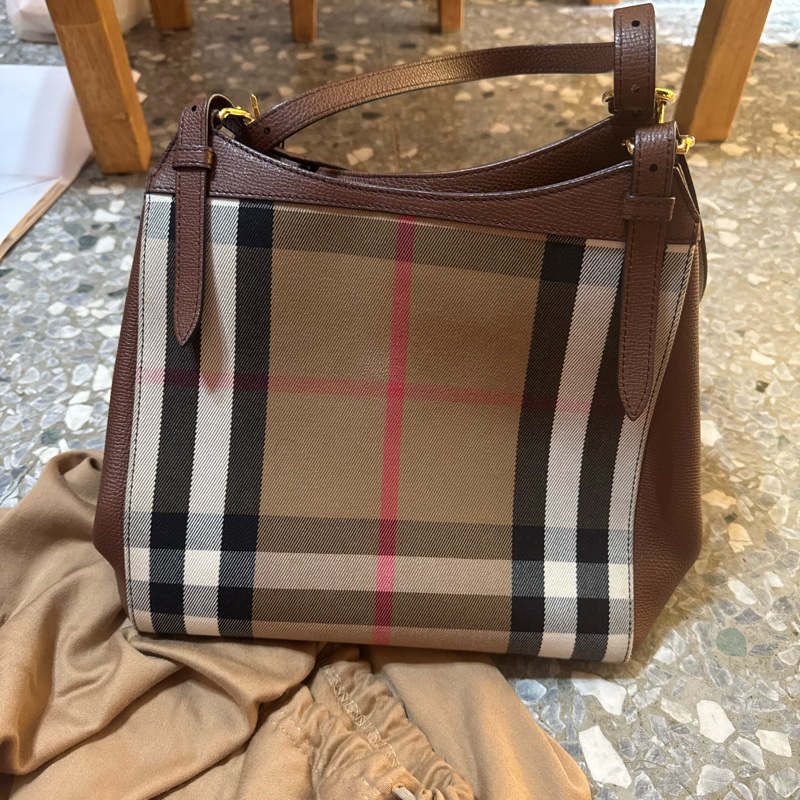 BURBERRY 巴寶莉 Canterby 經典格紋拼接皮革手提肩背包(深卡其x駝)-6