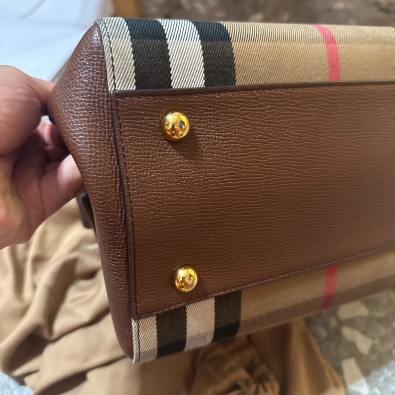 BURBERRY 巴寶莉 Canterby 經典格紋拼接皮革手提肩背包(深卡其x駝)-9