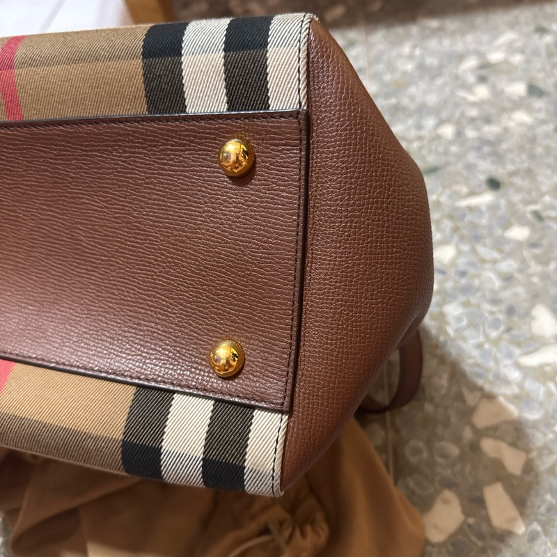 BURBERRY 巴寶莉 Canterby 經典格紋拼接皮革手提肩背包(深卡其x駝)-10