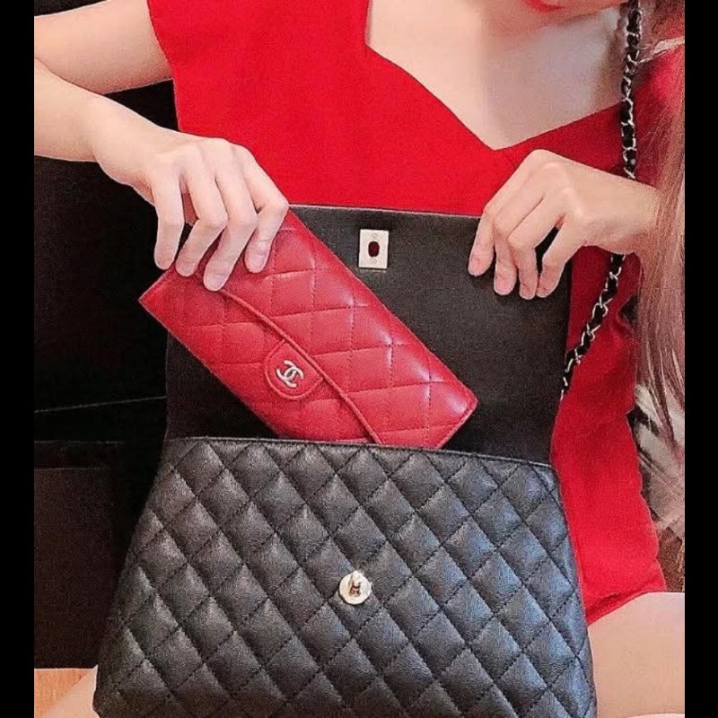 Chanel 紅色荔枝紋銀釦長夾-0
