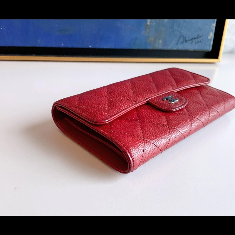 Chanel 紅色荔枝紋銀釦長夾-3