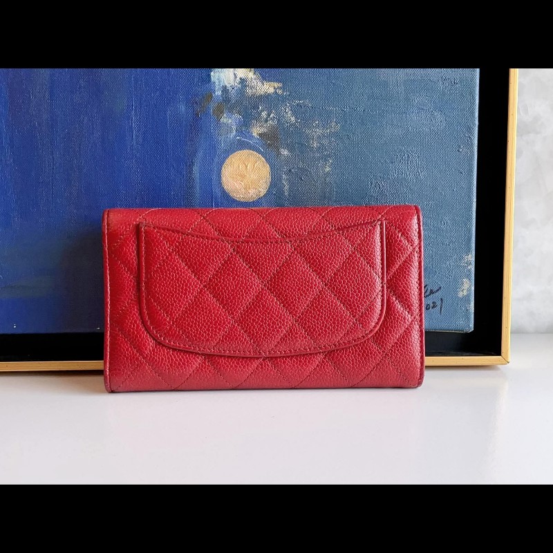 Chanel 紅色荔枝紋銀釦長夾-7