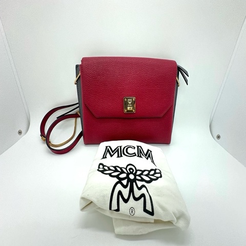 MCM酒紅拼灰色斜挎手拿信封包