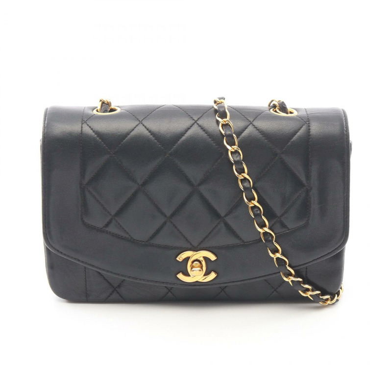 香奈兒 (CHANEL) 絎縫 Diana 翻蓋鏈條單背包 A01164 羊皮黑色金色五金二手-0