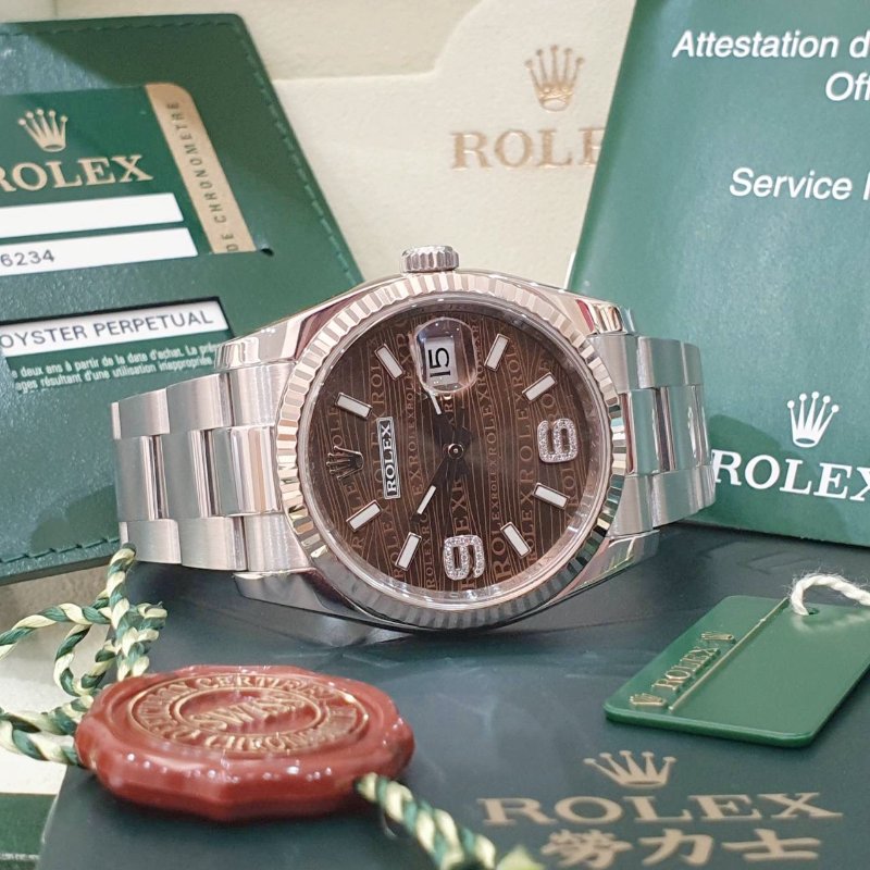 【大眾名錶】ROLEX勞力士 116234 Datejust 2012/10卡 市場罕見 棕色水波紋69大鑽面盤 三板帶 錶徑36mm自動上鍊 大眾名錶G277-2