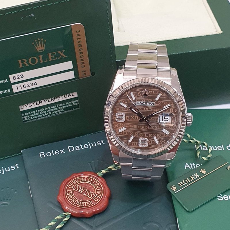 【大眾名錶】ROLEX勞力士 116234 Datejust 2012/10卡 市場罕見 棕色水波紋69大鑽面盤 三板帶 錶徑36mm自動上鍊 大眾名錶G277-3