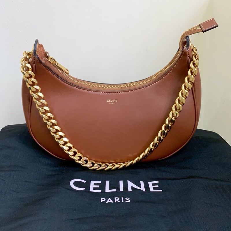 CELINE賽琳焦糖色全皮AVA腋下月牙包復古摩登時尚百搭-11