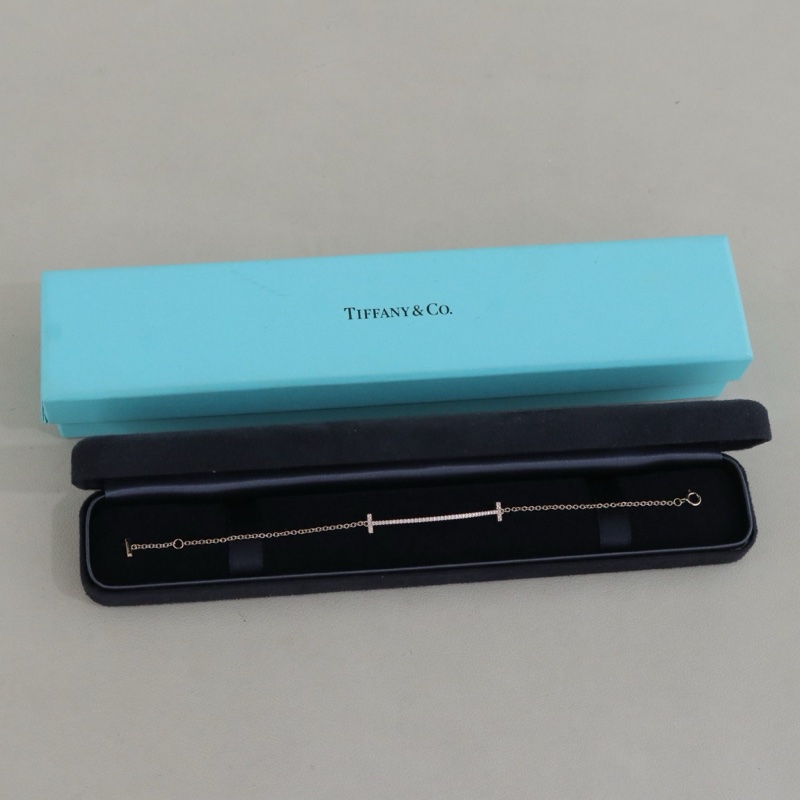 Tiffany 微笑滿鑽手鍊，18K玫瑰金鑲鑽，配件盒子-0
