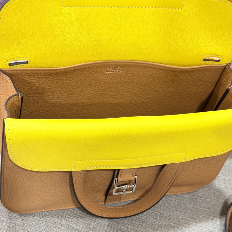 Hermes Halzan 25 餅乾色拼黃色銀扣-7