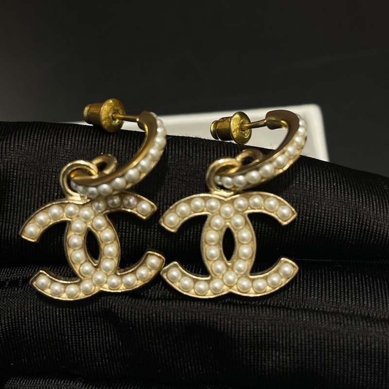 CHANEL/香奈兒 經典雙C掛墜珍珠耳環 金色 附件：無-0