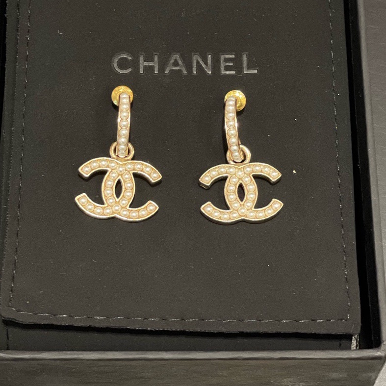 CHANEL/香奈兒 經典雙C掛墜珍珠耳環 金色 附件：無-1