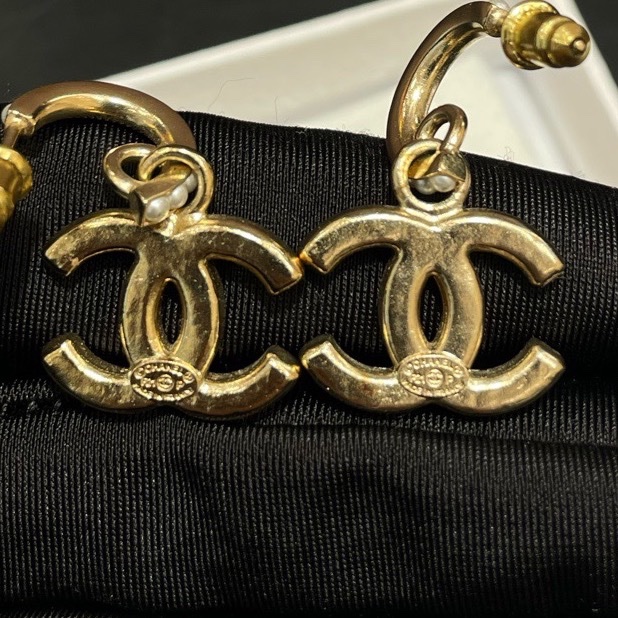 CHANEL/香奈兒 經典雙C掛墜珍珠耳環 金色 附件：無-5