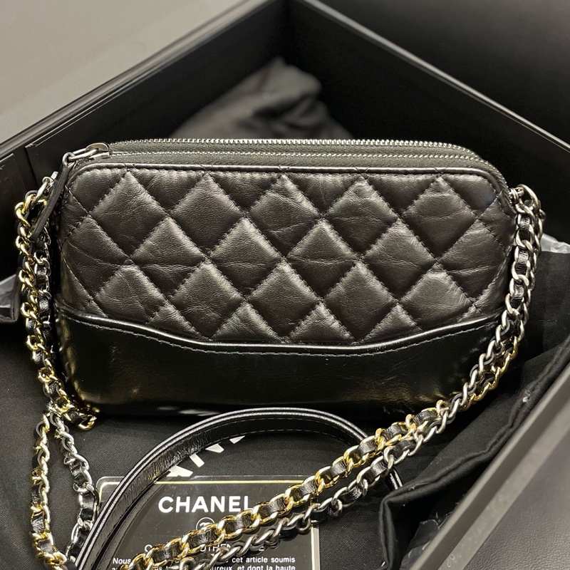 Chanel/香奈兒 黑金mini菱格紋流浪包 可單肩斜挎 年份:28開 尺寸：19*4*10cm 附件:保卡-0